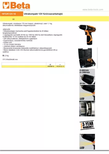 Beta 1972/K12V-10 Ultrakompakt 12V fúró/csavarbehajtó