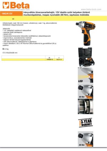 Beta 1982/K12V Irányváltós ütvecsavarbehajtó, 12V