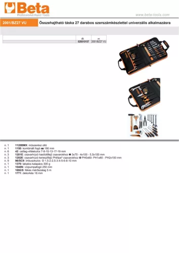 Beta 2001/BZV27 VU 27ű részes  szerszámkészlet univerzális alkalmazásra összehajtható táskában