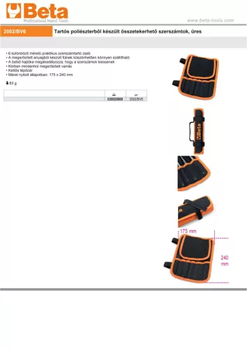 Beta 2002/BV6 Tartós poliészterből készült összetekerhető 6 zsebes szerszámtok, ÜRES