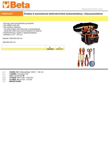 Beta 2005PA/ET 8 részes szerszámkészlet övtáskában elektrotechnikai karbantartáshoz, villanyszereléshez