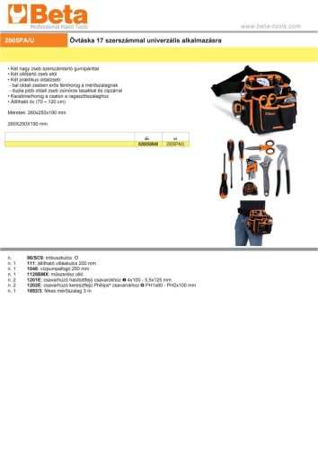 Beta 2005PA/U 17 részes szerszámkészlet övtáskában univerzális alkalmazásra