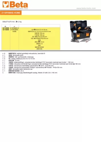 Beta 2115PI/BIKE-HOME 28 részes szerszámkészlet kerékpár szereléshez műanyag szerszámos ládában
