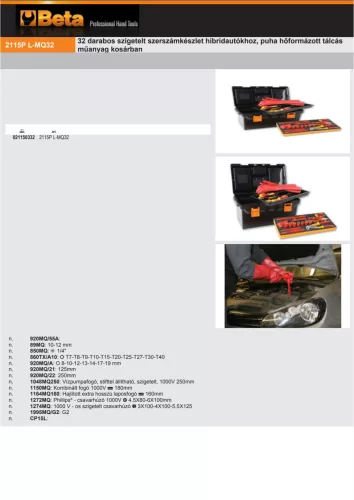 Beta 2115PL-MQ32 32 darabos szigetelt szerszámkészlet hibridautókhoz, puha hőformázott tálcás műanyag kosárban