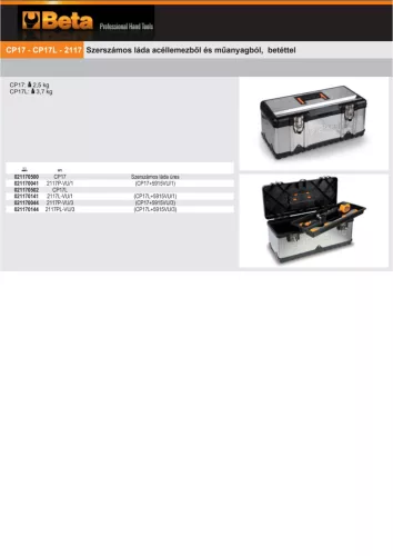 Beta CP17 Szerszámdoboz, rozsdamentes acélból és műanyag kivehető hordtálcával 500x200x220 mm ÜRES