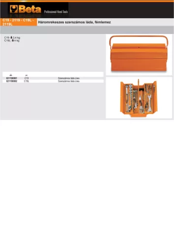 Beta C19 Háromrekeszes szerszámos láda, fémlemez 450x200x160 mm ÜRES