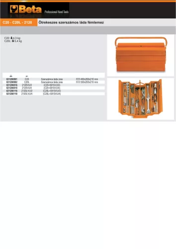 Beta C20L Ötrekeszes szerszámos láda fémlemezből 550x200x210 mm ÜRES