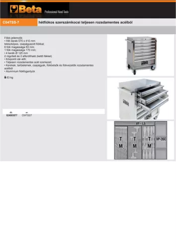 Beta C04TSS/7 7 fiókos szerszámkocsi teljesen rozsdamentes acélból Nem hagynak nyomot a kerekek ÜRES