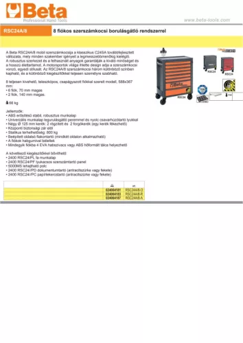 Beta RSC24A/8-A 8 fiókos szerszámkocsi borulásgátló rendszerrel ÜRES antracit