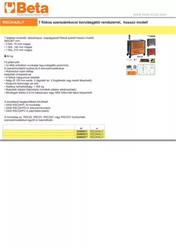 Beta RSC24AXL/7-R 7 fiókos szerszámkocsi borulásgátló rendszerrel, hosszú modell ÜRES piros