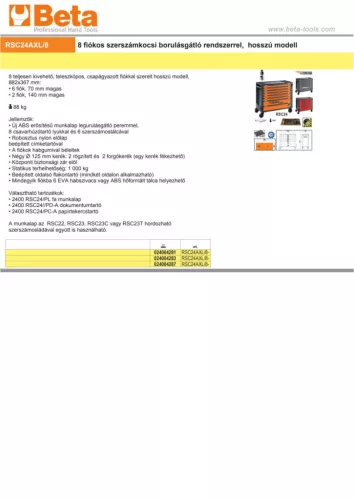 Beta RSC24AXL/8-R 8 fiókos szerszámkocsi borulásgátló rendszerrel, hosszú modell ÜRES piros