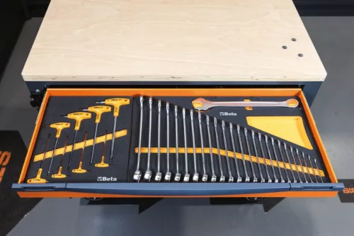 Beta RSC24AXLP/7-O 7 fiókos szerszámkocsi fa munkalappalés borulásgátló rendszerrel, hosszú modell ÜRES narancs