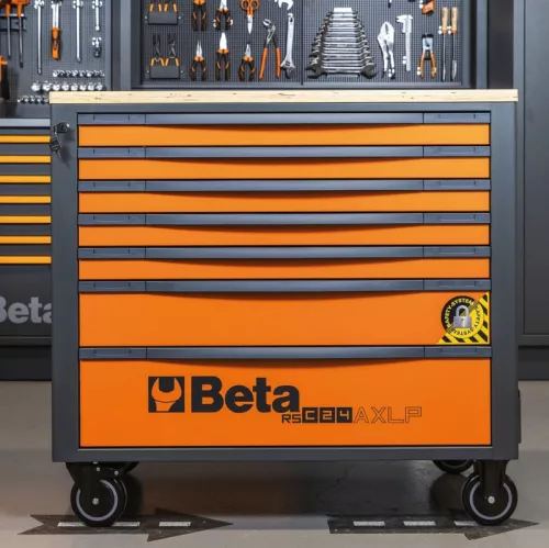 Beta RSC24AXLP/7-O 7 fiókos szerszámkocsi fa munkalappalés borulásgátló rendszerrel, hosszú modell ÜRES narancs
