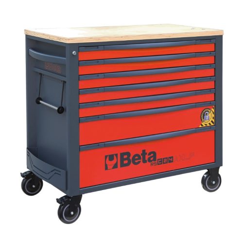 Beta RSC24AXLP/7-R 7 fiókos szerszámkocsi fa munkalappalés borulásgátló rendszerrel, hosszú modell ÜRES piros