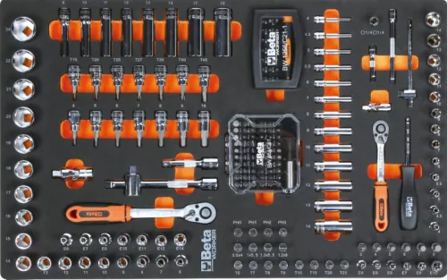 Beta BW 2400S-XLR9/E-XL 9 fiókos szerszámkocsi borulásgátló rendszerrel, hosszú modell, 487 darabos szerszámkészlettel piros