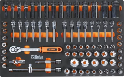 Beta BW 2400S-XLR9/E-XL 9 fiókos szerszámkocsi borulásgátló rendszerrel, hosszú modell, 487 darabos szerszámkészlettel piros