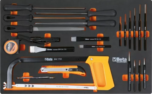 Beta BW 2400S-XLR9/E-XL 9 fiókos szerszámkocsi borulásgátló rendszerrel, hosszú modell, 487 darabos szerszámkészlettel piros