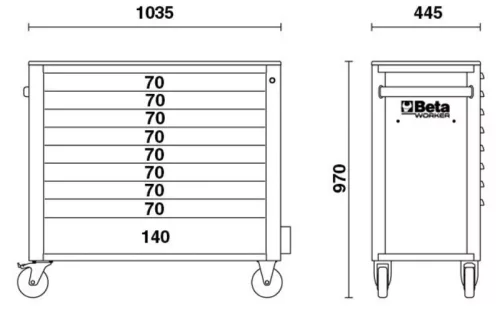 Beta BW 2400S-XLG9/E-XXL 9 fiókos szerszámkocsi borulásgátló rendszerrel, hosszú modell, 716 darabos szerszámkészlettel szürke