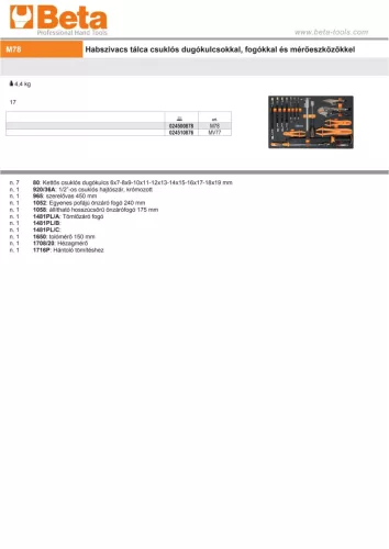 Beta M78 Habszivacs tálca csuklós dugókulcsokkal, fogókkal és mérőeszközökkel