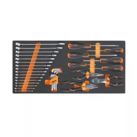   Beta MC10 Habszivacs tálca csillag-villáskulcsokkal, Beta Easy csavarhúzókkal, fogókkal és hajlított imbuszkulcsokkal