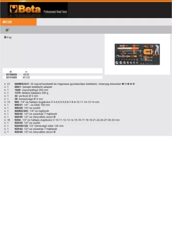 Beta MC20 Habszivacs tálca dugókulcskészlettel, és általános szerszámokkal