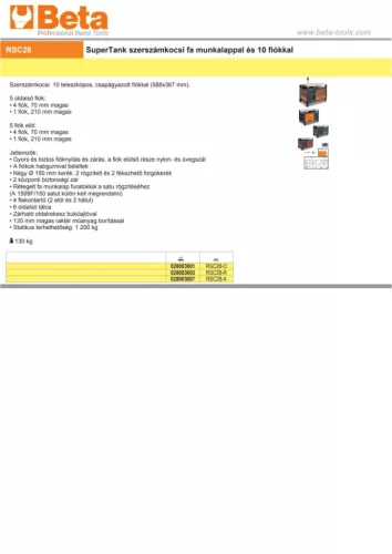 Beta RSC28-R SuperTank szerszámkocsi fa munkalappal és 10 fiókkal ÜRES piros