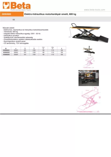 Beta 3050/R Elektro-hidraulikus motorkerékpár emelő, 600 kg piros