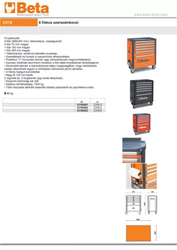 Beta C37/6-G 6 fiókos szerszámkocsi ÜRES szürke