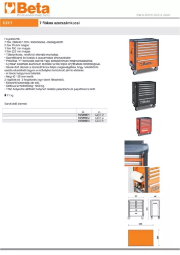 Beta C37/7-R 7 fiókos szerszámkocsi ÜRES piros