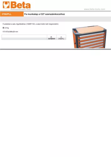 Beta 3700/PLL Fa munkalap a Beta C37 fiókos szerszám kocsihoz