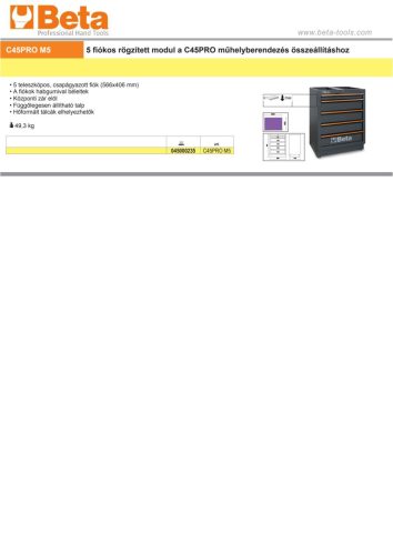 Beta C45PRO M5 5 fiókos rögzített modul a a Beta C45PRO műhelyberendezés összeállításhoz ÜRES
