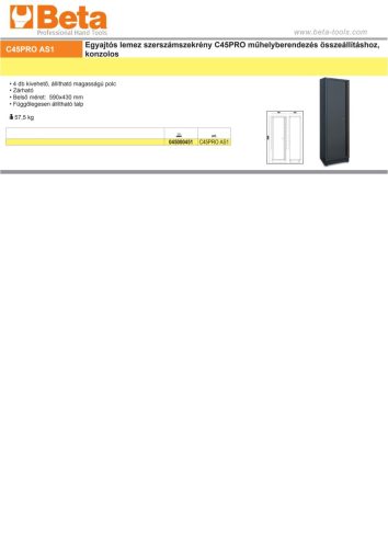 Beta C45PRO AS1 Egyajtós lemez szerszámszekrény a Beta C45PRO műhelyberendezés összeállításhoz, konzolos ÜRES