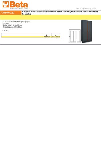 Beta C45PRO AS2 Kétajtós lemez szerszámszekrény a Beta C45PRO műhelyberendezés összeállításhoz, konzolos ÜRES