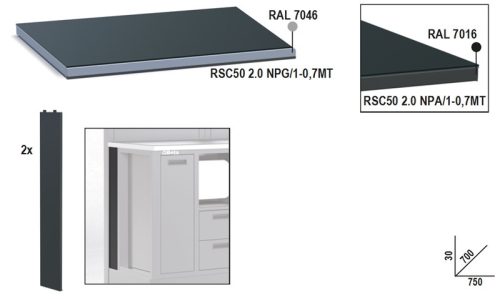 Beta RSC50 2.0 NPA/1-0,7MT Fémlemez munkalap, 0,75 m széles, munkapadhoz, az RSC50 2.0 műhelyberendezés összeállításhoz