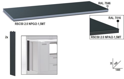 Beta RSC50 2.0 NPA/2-1,5MT Fémlemez munkalap, 1,5 m széles, munkapadhoz, az RSC50 2.0 műhelyberendezés összeállításhoz
