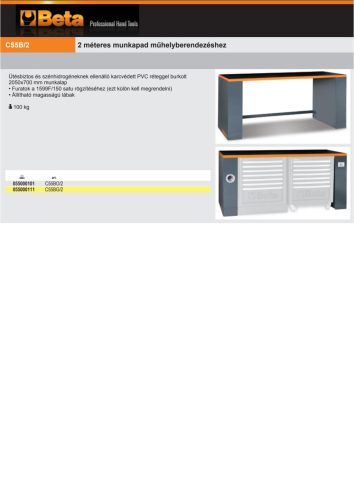 Beta C55B/2 2 méteres munkapad műhelyberendezéshez összeállításhoz RSC55 ÜRES