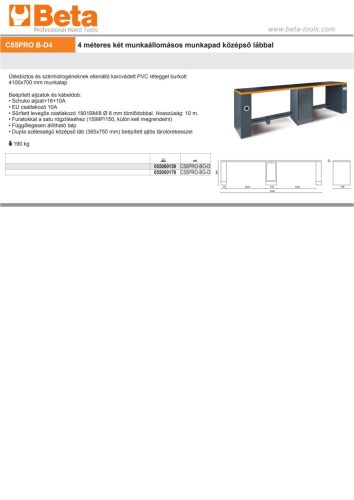 Beta C55PRO B-D4 4 méteres kettős munkaasztal Középső lábbal ÜRES