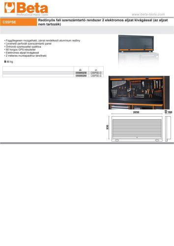 Beta C55PSE-O Redőnyös fali szerszámtartó rendszer 2 elektromos aljzattal (az aljzat nem tartozék) ÜRES