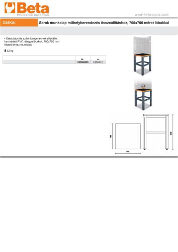 Beta C55KAI Sarok munkalap műhelyberendezés összeállításhoz, 700x700 méret lábakkal ÜRES