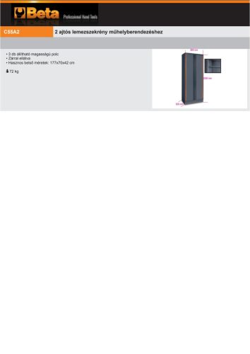 Beta C55A2 2 ajtós lemez szerszám szekrény műhelyberendezéshez összeállításhoz RSC55 ÜRES