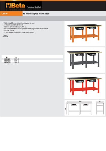 Beta C56W-O Fa munkalapos munkapad 2000x720x898mm ÜRES narancs