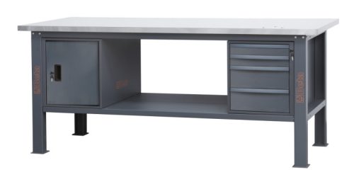 Beta C58BC-X2,1 4CA/O Rozsdamentes acéllal fedett MDF munkalapos munkapad, 2,1 m széles, 4 fiókkal és ajtós modullal