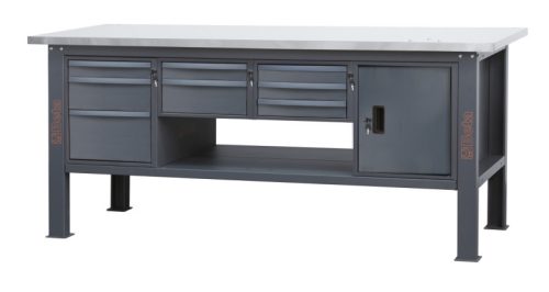 Beta C58BC-X2,1 8CA/O Rozsdamentes acéllal fedett MDF munkalapos munkapad, 2,1 m széles, 8 fiókkal és ajtós modullal