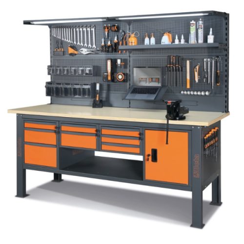 Beta C58BCA-W2,1/O 2,1 m széles, teljes munkapad, fa munkalappal, 8 fiókkal és ajtós modullal