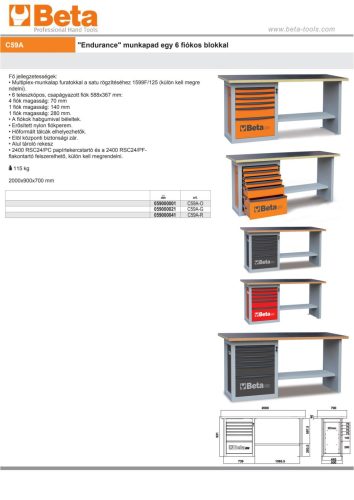 Beta C59A-R "Endurance" munkapad egy 6 fiókos blokkal 2000x700x931mm ÜRES piros-fekete