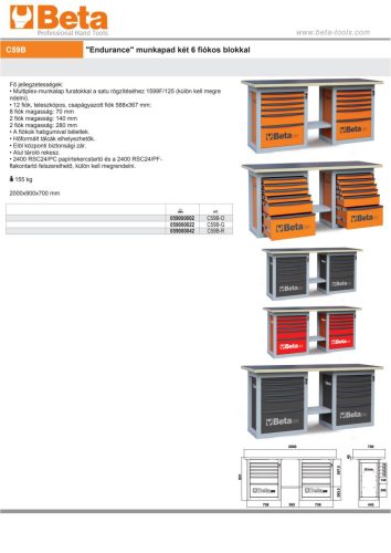 Beta C59B-R "Endurance" munkapad két 6 fiókos blokkal 2000x700x931mm ÜRES piros-fekete