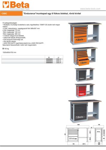 Beta C59C-A "Endurance"munkapad egy 6 fiókos blokkal, rövid kivitel 1500x700x931mm ÜRES antracit