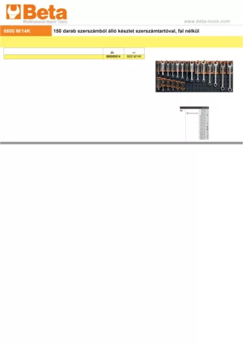 Beta 6600 M/14K 150 darab szerszámból álló készlet szerszámtartóval, fal nélkül