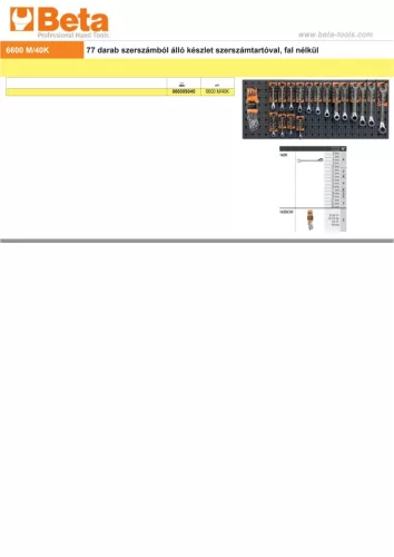 Beta 6600 M/40K 77 darab szerszámból álló készlet szerszámtartóval, fal nélkül