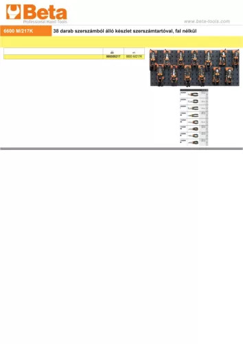 Beta 6600 M/217K 38 darab szerszámból álló készlet szerszámtartóval, fal nélkül